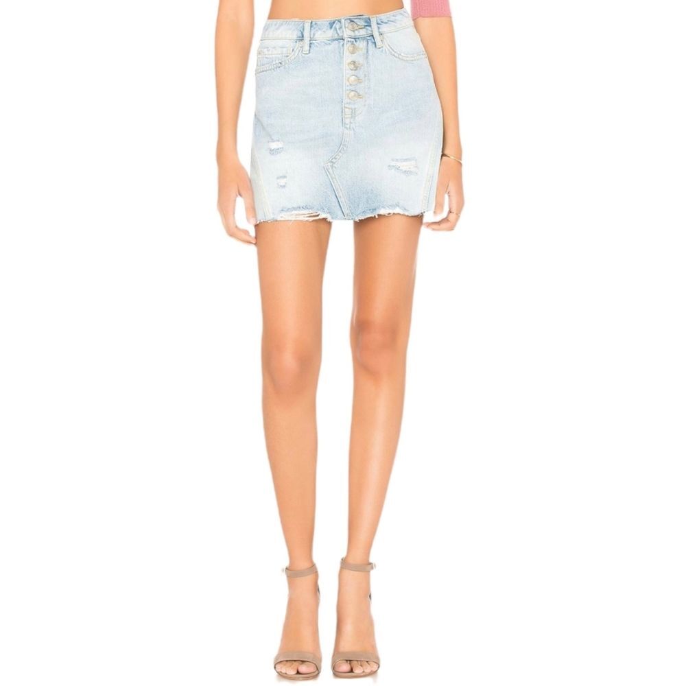 Free People We The Free A-Line Denim Mini Skirt Button Fly Distressed Light Blue